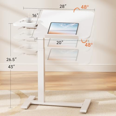 COMHOMA Tiltable Mobile Small Standing Desk, Pneumatic Adjustable Height Overbed Bedside Table with Wheels, Sit Stand Portable Rolling Laptop Desk Computer Workstations, White COMHOMA