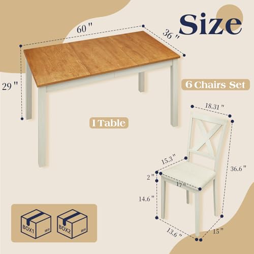 YUMPIE 7-Piece Farmhouse Dining Table Set for 6 People, 60" Wood Dining Kitchen Table & Chairs Set, Kitchen Table with 6 Upholstered Chairs, Perfect for Restaurant, Brown & White YUMPIE