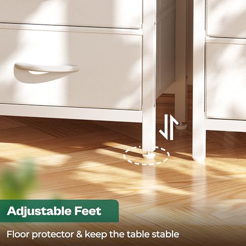 Huuger Nightstand with Charging Station, Side Table with 2 Fabric Drawers, End Table with Open Shelf, Bedside Table with USB-C Port and Outlets, Night Stand, PU Leather, White Huuger