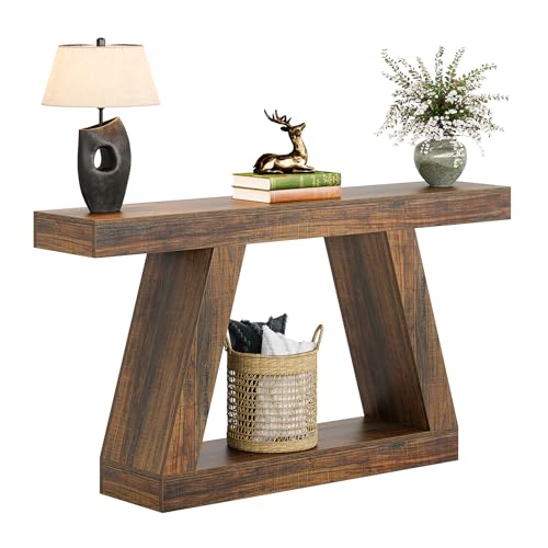 Tribesigns Farmhouse Console Table, 55-Inch Rustic Sofa Table with Storage, Industrial Wooden Entryway Table for Hallway, Living Room, Dark Brown Tribesigns