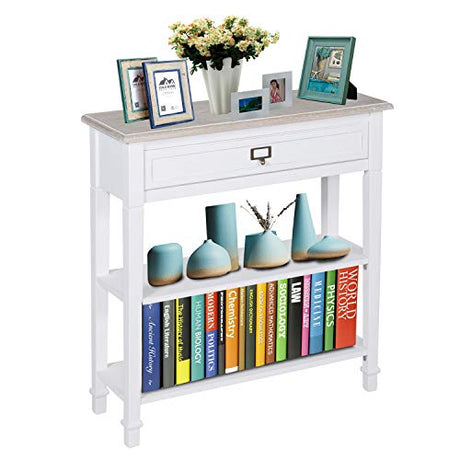kinbor Accent White Console Table with Drawer and Shelf, Wood Sofa Table with Storage for Entryway Hallway Living Room kinbor