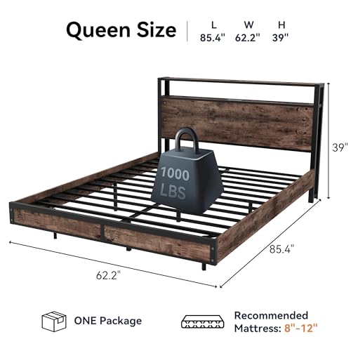 Susalt Queen Size Bed Frame with Storage Headboard, Sturdy Metal Platform Bed Frame with LED Lights and Charging Station, Easy Assembly, No Box Spring Needed, Noise Free, Rustic Brown Susalt