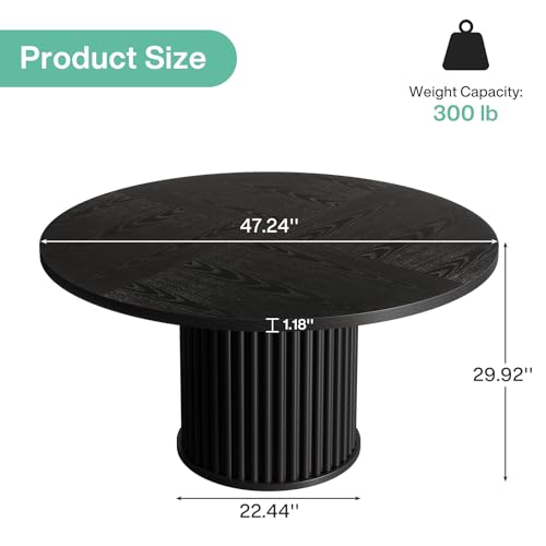 Tribesigns 47.24-Inch Black Round Dining Table for 4-6 People, Modern Fluted MDF + Metal Base Kitchen Table, Sturdy Circle Dining Room Furniture, Black Tribesigns