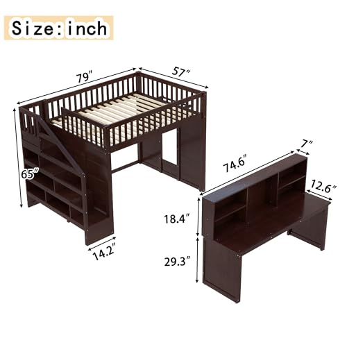 Bellemave Full Loft Bed with Stairs and Movable Desk and Shelves, Wood Loft Bed with Storage Stairs for Kids, Teens, Adults, Espresso Bellemave