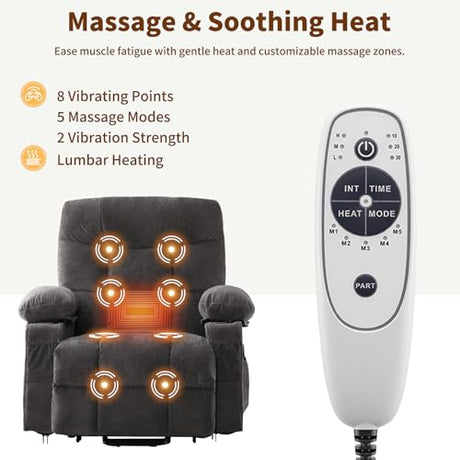 PoteSoar Power Lift Recliner Chair for Elderly with Massage and Heat, Comfortable Electric Power Reclining Chair with Side Pockets,2 Cup Holders and USB Charging Port for Living Room (Grey) PoteSoar