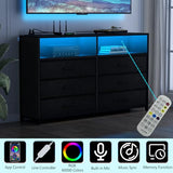 Loomie 6 Drawers Dresser with Power Outlets and LED Lights, Black Dresser with 2 Top Cubby, Tall Wide Fabric Double Chest of Drawers,Modern Dresser Tv Stand for up to 60" TV for Bedroom, Living Room Loomie