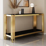 Maotifeys Modern 2-Tier Glass Console Table Luxury Black Tempered Glass Top Sofa Table with Shiny Gold Legs 55" Slim Entryway Hall Tables with Storage Shelf for Living Room Bedroom Maotifeys