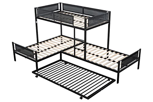 PVWIIK L-Shape Metal Triple Bunk Bed with Trundle 4 Kids,Teens,Adults Bedroom,Metal Bunk Bed with Guardrail & Ladder, No Box Spring Needed,Black PVWIIK