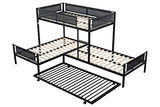 PVWIIK L-Shape Metal Triple Bunk Bed with Trundle 4 Kids,Teens,Adults Bedroom,Metal Bunk Bed with Guardrail & Ladder, No Box Spring Needed,Black PVWIIK