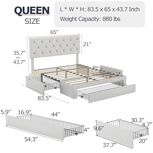 VECELO Queen Size Bed Frame with 3 Storage Drawers, Leather Upholstered with Diamond Tufted Headboard, Solid Wood Slat Support & Steel Framework, PU & White VECELO