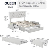 VECELO Queen Size Bed Frame with 3 Storage Drawers, Leather Upholstered with Diamond Tufted Headboard, Solid Wood Slat Support & Steel Framework, PU & White VECELO