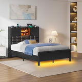 Rolanstar Bed Frame Twin Size with Charging Station, Bookcase Headboard Bed with LED Light and Sliding Doors, Platform Bed with Wooden Slats, No Box Spring Needed, Noise Free, Black Rolanstar