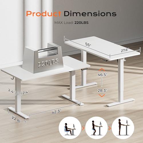 Huuger 55 x 28 Large Electric Standing Desk, Height Adjustable Copmuter Desk, 27.6" Deep Desktop, Stand up Gaming Office Table with 2 Hooks, 3 Preset Heights, for Home Office, White Huuger