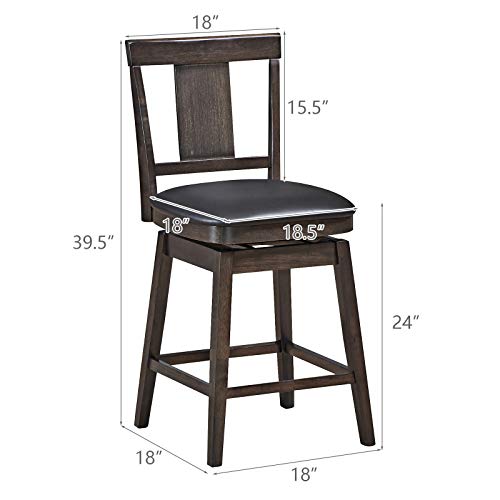 COSTWAY Bar Stools Set of 3, 360 Degree Swivel, Wooden Counter Height Bar Stool, Leather Padded Seat, Single Slat Back & Solid Rubber Wood Legs, - WoodArtSupply