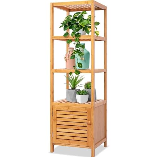 SereneLife 5-Tier Bamboo Corner Rack Cabinet - Slim Freestanding Storage for Bathroom, Towel, and Bookshelf - WoodArtSupply