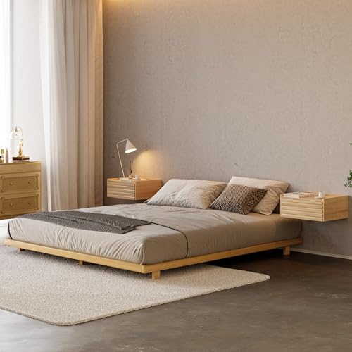 homary Floating Wooden Nightstand with Light & Charging Station, Wall Mounted Nightstand with Drawer, Wireless Charging, USB Ports, Modern Natural Floating Bedside Table for Bedroom homary