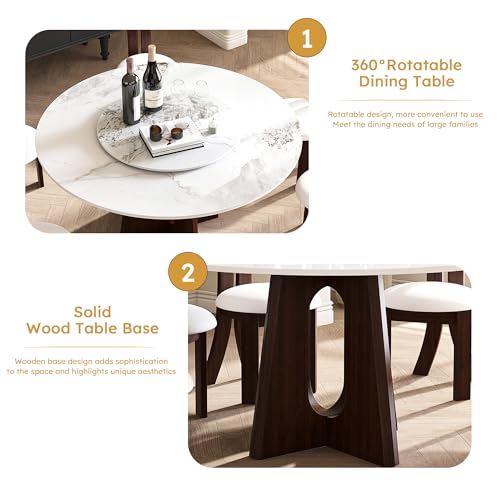 Wohh 9-Piece Round Dining Table Set, 59" Sintered Stone Table with Walnut Base, 6-8 People, Modern Style Wohh
