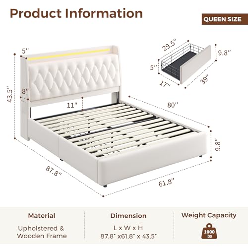Queen LED Velvet Bed Frame with 2 Storage Drawers&Hidden Headboard, Upholstered Platform Bed with Charging Station&Button Tufted Design, Wooden Slats Support, Box Spring Optional, Easy Assembly, Beige Jocoevol