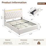 Queen LED Velvet Bed Frame with 2 Storage Drawers&Hidden Headboard, Upholstered Platform Bed with Charging Station&Button Tufted Design, Wooden Slats Support, Box Spring Optional, Easy Assembly, Beige Jocoevol