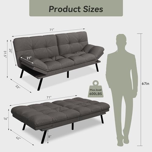 AMICLIBER Convertible Futon Sofa Bed,Grey Linen Modern Futon Couch,Memory Foam Loveseat Sleeper Recliner,Detachable Cushion,Adjustable Backrest & Armrest,Couch for Living Room,Office,Apartment AMICLIBER