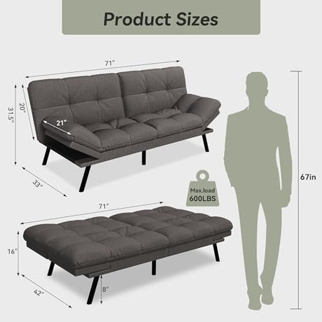 AMICLIBER Convertible Futon Sofa Bed,Grey Linen Modern Futon Couch,Memory Foam Loveseat Sleeper Recliner,Detachable Cushion,Adjustable Backrest & Armrest,Couch for Living Room,Office,Apartment AMICLIBER