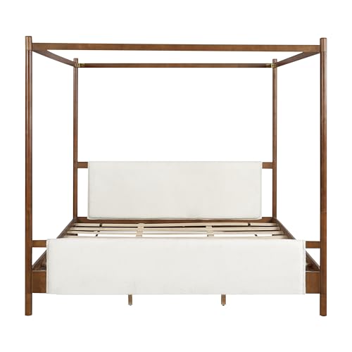 Christopher Knight Home Rotie King Size Canopy Bed Frame, Boucle Upholstered King Size Bed Frame with Headboard, King Platform Canopy Bed, Wooden Slats Support, No Box Spring Needed, White+Brown