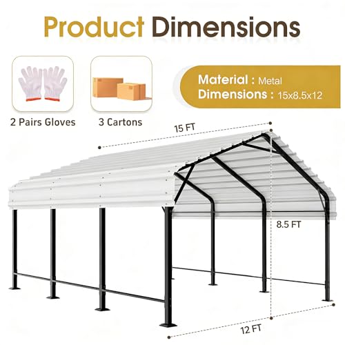 JAMFLY Carport, 12X15 FT Metal Carport, Heavy Duty Carport Canopy with Galvanized Steel Roof and Frame, Metal Car Garage Upgraded Extra Large Garage for Pickup, Boat, Car and Tractors, White JAMFLY