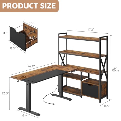 Homiflex 77.8 Inches L Shaped Standing Desk Corner Desk with Hutch Electric Height Adjustable Desk with Storage Shelves File Drawer Power Outlets Reversible Computer Gaming Desk for Home Office, Brown Homiflex