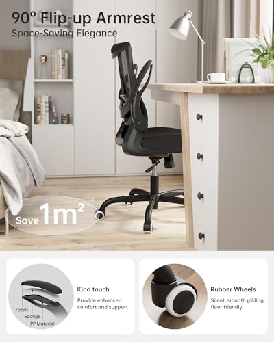 MUXX.STIL Office Chair, Ergonomic Desk Chair with Adjustable Lumbar Support and Flip up Armrest, Breathable Mesh Computer Chair for Home Office, Black MUXX.STIL