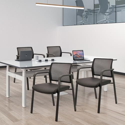 CLATINA Stackable Office Chair, Mesh Back Guest Chairs with Comfortable Leather Seat Arms Stacking Ergonomic Desk Chair No Wheels for Conference Waiting Reception School Stationary, Black, Set of 4 CLATINA