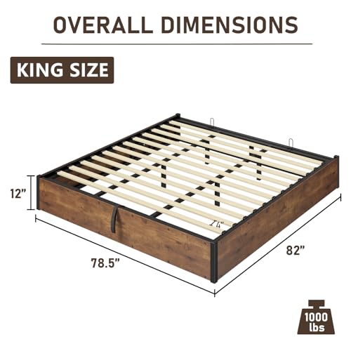 LUXOAK Lift Up Storage Bed Frame, King Size Wooden Slats Platform Bed Frame with Ample Storage Underneath, No Box Spring Needed, Noise Free, Rustic Brown LUXOAK