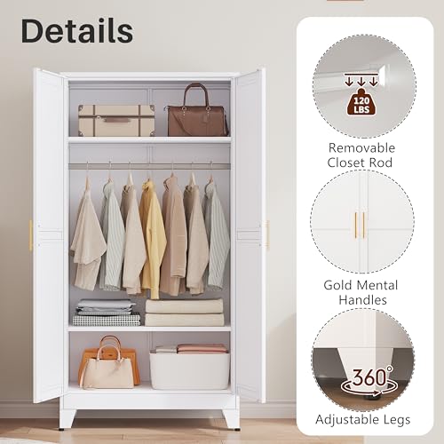 winiowa White Wardrobe Closet with 2 Doors, 71" Tall Metal Clothing Storage Cabine with Hanging Rod, Bedroom Armoires with Adjustable Shelves for Bedroom, Laundry Room, Home Office winiowa
