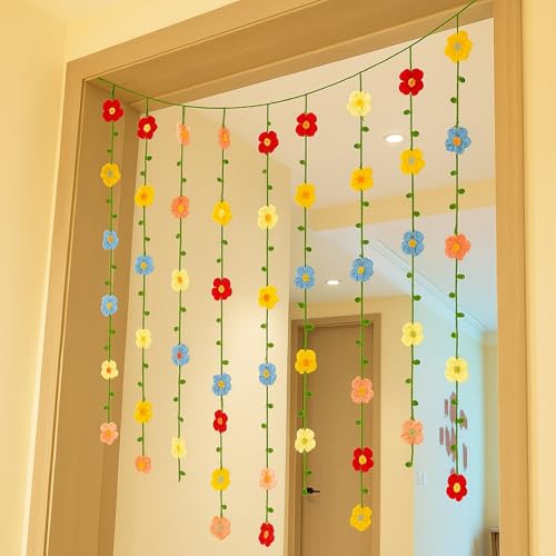 Suncalla 23 ft Crochet Flowers Wall Hanging Decor Boho Knitting Flower Garland Ornaments Curtain Backdrop Hanging Tassel Decoration Room Divider for Home Bedroom Wall Door Window Suncalla