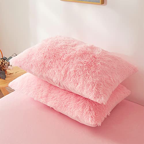FOPPA Fluffy comforters Cover Twin Size - Ultra Soft Plush Pink Bedding Sets 2 Pieces (1 Faux Fur Comforter Cover + 1 Fuzzy Pillow case) Girls Shaggy Pink Twin Bed Set (Light Pink, Twin) FOPPA