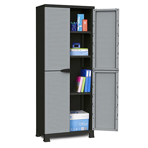 Ram Quality Products Prestige Utility Adjustable 3 Shelf Tool Organizing Storage Cabinet with Lockable Double Doors for Indoor and Outdoor Use, Gray - WoodArtSupply