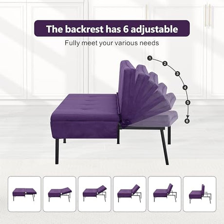 Loveseat Sofa Bed 63” with 5 Reclining Positions, Convertible Futon Sleeper, 600lbs Weight Capacity, Durable Iron Frame with Black Powder Coating & Polyester Upholstery,Purple SonkYog