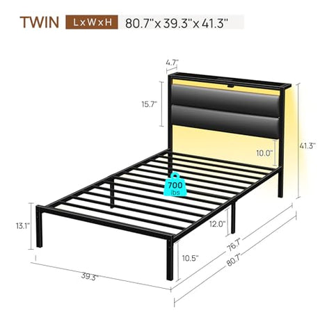 Seventable Twin Bed Frame with Upholstered Storage Headboard, Charging Station & LED Lights, Metal Platform Bed with Under Bed Storage, No Box Spring Needed, Noise Free, Easy Assembly, Black Seventable