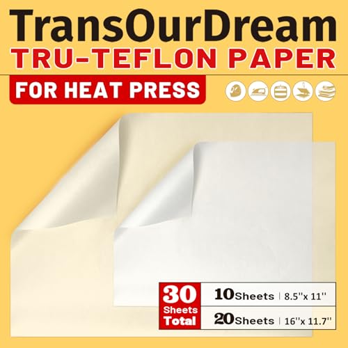 30 Pack PTFE Teflon Paper 16×11.7" 20 Sheets and Teflon Paper 8.5×11" 10 Sheets Mix Pack for Heat Press Heat Resistant Craft Mat,Sublimation Paper and Heat Transfer Paper Reusable TransOurDream