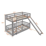 Bellemave Twin Over Twin Floor Bunk Bed with Slide and Ladder, Low Bunk Bed for Kids, Girls, Boys, Removable Fence, Gray Bellemave