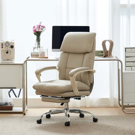 EMIAH Office Chair with Foot Rest, Ergonomic Executive Office Chair with Arms, Reclining High Back PU Leather Comfy Swivel Computer Desk Chairs with Wheels and Lumbar Support for Home Office, Beige EMIAH