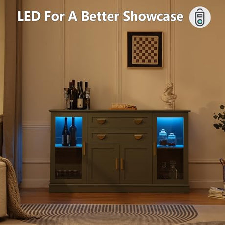 FOREST GRAVITY 58.27'' Buffet Cabinet with 2 Drawers and Adjustable Shelves,Large Glass Door Coffee Bar Cabinet,Modern Farmhouse Sideboard Credenza for Kitchen,Green FOREST GRAVITY