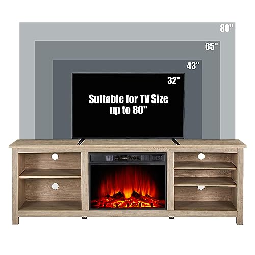 Amerlife Fireplace TV Stand, Wood Texture Entertainment Center with 23" Electric Fireplace, Farmhouse Entertainment Stand Media TV Console for TVs Up to 80", 70 inches, Natural Oak AMERLIFE