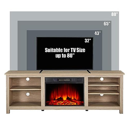 Amerlife Fireplace TV Stand, Wood Texture Entertainment Center with 23" Electric Fireplace, Farmhouse Entertainment Stand Media TV Console for TVs Up to 80", 70 inches, Natural Oak - WoodArtSupply