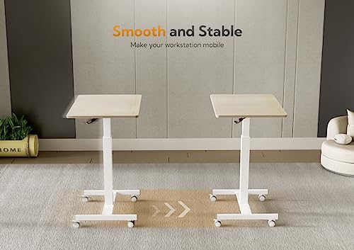 Claiks Mobile Standing Desk, Small Rolling Standing Desk with Wheels, Pneumatic Mobile Desks Workstation with Hook, Natural Claiks