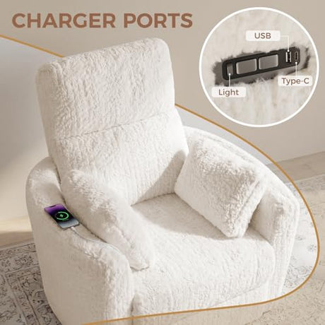 SENYUN Power Swivel Rocker Recliner for Adults, Large Glider Rocking Chair w/ 2 Pillows, USB and Type-C Ports, Night Light, Fluffy Plush Nursery Chair for Living Room, Bedroom,Nursery, Beige SENYUN