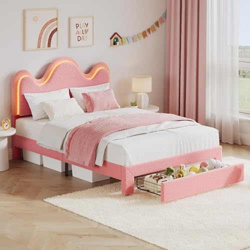 IDEALHOUSE Twin Bed Frame with LED Headboard and Under-Bed Drawer, Metal Upholstered Platform Bed with LED Light for Kids, Girls, Lamb Fleece Fabric, Wooden Slats Support, No Box Spring Needed, Pink IDEALHOUSE