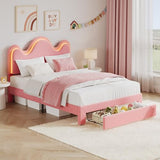 IDEALHOUSE Twin Bed Frame with LED Headboard and Under-Bed Drawer, Metal Upholstered Platform Bed with LED Light for Kids, Girls, Lamb Fleece Fabric, Wooden Slats Support, No Box Spring Needed, Pink IDEALHOUSE