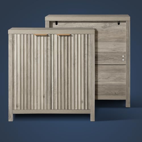 OAKHAM HOME Oxford Storage Cabinet Fluted Sideboard Buffet Cabinet with Adjustable Shelves, Modern Accent Cabinet Multifunctional Console Cabinet for Living Room, Kitchen.(Grey Oak) OAKHAM HOME