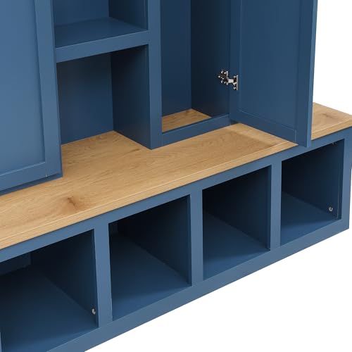 Ball & Cast 62.9" Farmhouse Hall Tree with Bench,4-in-1 Coat Rack W/Display Shelf,4 Storage Unit and 5 Shoe Cabinet,Entryway Cabinet W/ 6 Hanging Hookers,for Hallway,Living Room,Mudroom,Blue Ball & Cast