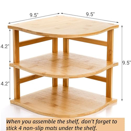 Goaste 3-Tier Bamboo Corner Shelf, Kitchen Countertop Storage Organizer, Cabinet Plate Rack for Pantry Organization, Bathroom, Desktop, 9.5 x 9.5 x 9.5 Inch Goaste